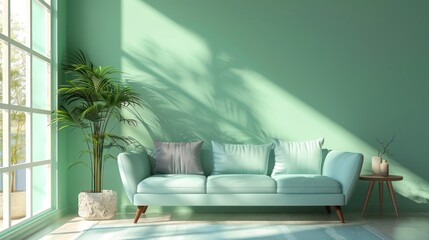 green mint interior with sofa and walls of mint green color and floor of wooden shades