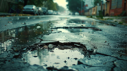 Fototapeta premium Potholes and Puddles on Worn Asphalt
