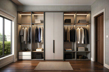 Minimalist wardrobe with sliding doors and internal organizers
