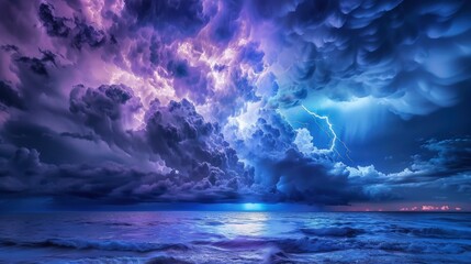 Fototapeta premium A dramatic storm rages overhead, dark clouds swirling ominously and flashes of lightning illuminating the sky.