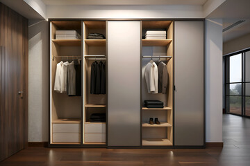 Minimalist wardrobe with sliding doors and internal organizers