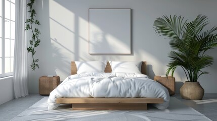 The bed is made of natural wood and has a white duvet cover
