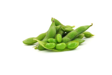 Fresh edamame soybeans and pods isolated on white background.