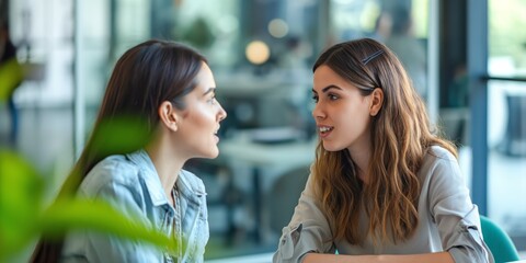 Two women chat intimately in a bright cafe setting, one listening attentively
