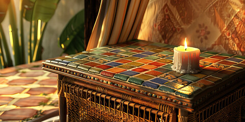 Mediterranean Retreat Desk: A sun-drenched desk inspired by the colors and style of the Mediterranean, complete with a colorful tiled surface, wicker accents, and a flickering candle. (Tan)