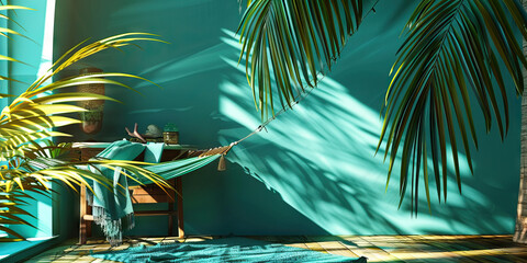 Tropical Palm Desk: An island-inspired desk featuring a palm tree motif, a hammock chair, and a beach towel, ideal for transporting you to a tropical paradise. (Turquoise) 