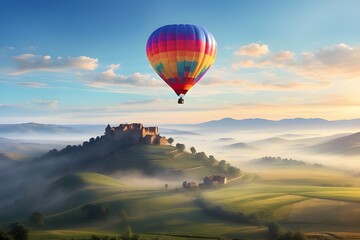 A colorful hot air balloon floating gracefully over a patchwork of farmland, with the morning mist lingering in the valleys below.