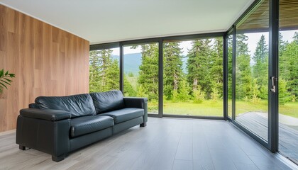 Minimalist interior design of modern living room, home. Black leather sofa in spacious room in villa in forest.