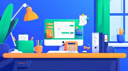 Obraz premium Accounting Technician's Desk with Calculator and Spreadsheets