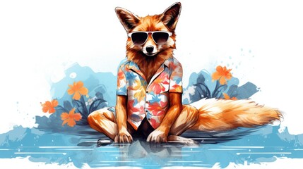 Fox On Summer Vacation Dressed In Hawaiian Shirt - Generative AI