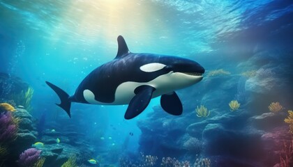 Fototapeta premium The Orcinus Orca in the ocean, portrait of Orca hunting prey in the underwater
