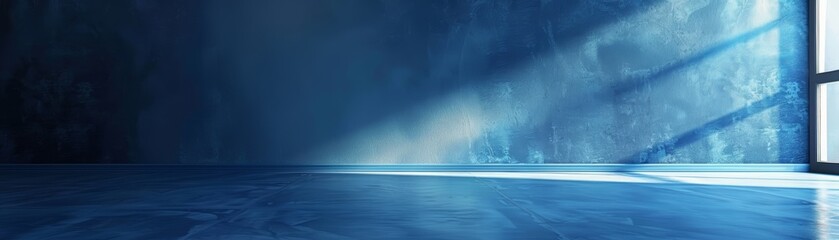 Blue grunge background with rays of light from the window.