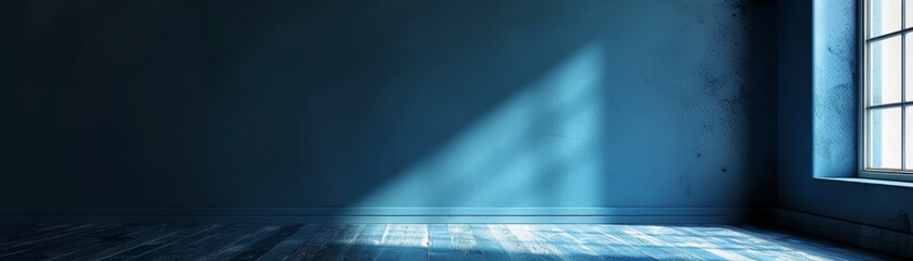 Obraz premium Blue wall with sunlight shining through the window.