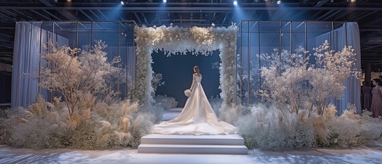 The newest wedding fashion is showcased in catwalk presentations at bridal expos, which take place on a delicate, flower-decorated stage in a beautiful, dreamy environment.