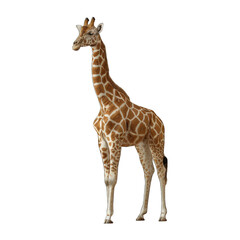 Naklejka premium A tall giraffe with a long neck stands alone on a white background