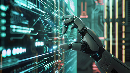 robot hand pressing on virtual digital screen hologram interface binary code big data connection technology AI machine learning idea concept design