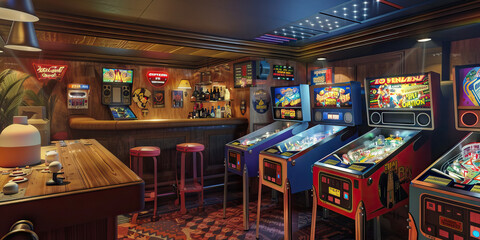 Retro Game Room: A throwback to the 80s or 90s, with classic arcade games, vintage pinball machines, and a retro bar, perfect for entertaining and reliving fond memories