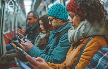 Commuters aboard a packed train, a mixed bag - some reading, others using phones