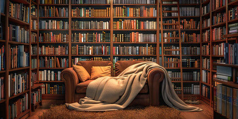 Cozy Reading Nook: A snug corner with comfortable seating, a warm blanket, and dim lighting, surrounded by bookshelves overflowing with literary classics and favorite reads