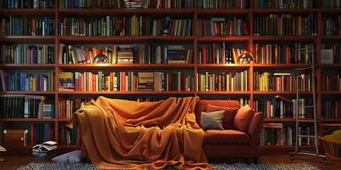 Cozy Reading Nook: A snug corner with comfortable seating, a warm blanket, and dim lighting, surrounded by bookshelves overflowing with literary classics and favorite reads