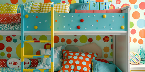 Vibrant Children's Room: A cheerful haven filled with bright colors and playful patterns, featuring a bunk bed with storage, colorful pillows, and fun wall decals to inspire imagination.