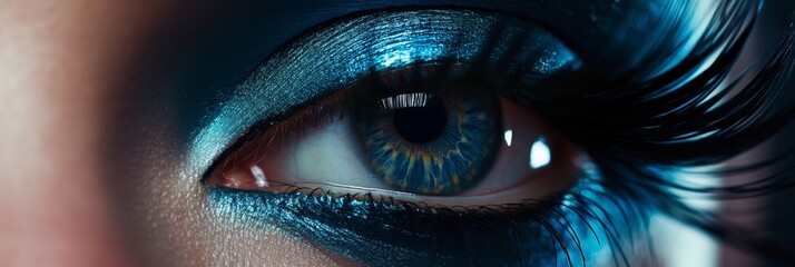 A detailed close-up of a woman's eye with striking blue makeup, showcasing her intricate eyelashes and blue eyeshadow