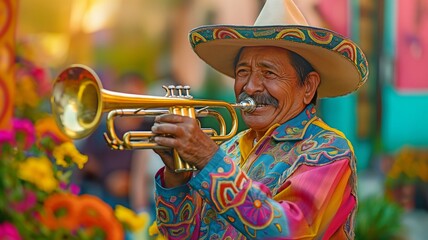 Traditional dress with vivid colours, performed by a mariachi performer on trumpet