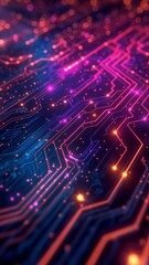 As computers work at quantum rates, neon lines follow the complex circuit board routes, throbbing with energy. Background concept