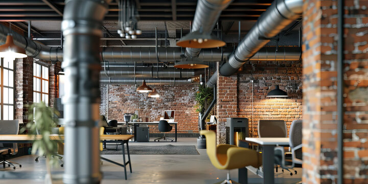 Industrial Office: An open concept work area with exposed brick walls and pipes, complemented by modern furniture and industrial lighting, fostering creativity and productivity.
