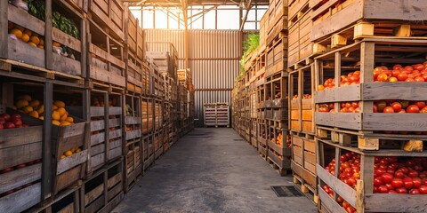 Colorful fruits neatly arranged in wooden crates inside a sunny storage space
