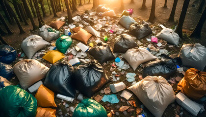 Garbage dumped in the forest, social problems, illegal dumping, dirty, destruction of nature, vinyl, plastic