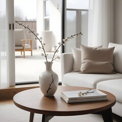 Vase with blossom twig on wooden coffee table near white sofa with pillows against window. Minimalist scandinavian home interior design of modern living room.