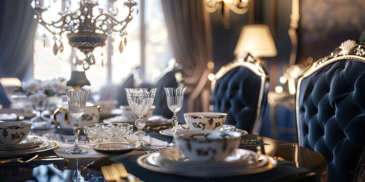 Elegant Dining Room: Formal table setting showcasing fine china and crystal, paired with plush velvet chairs and an ornate chandelier, creating an opulent dining experience