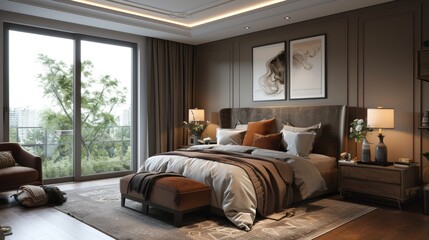 bedroom with a large bed, two nightstands, a dresser, and a large window