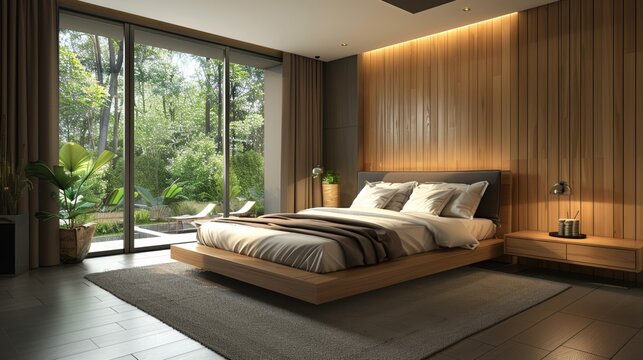 Fototapeta bedroom with a large bed, a sitting area, and a view of the outdoors. The room is decorated in warm colors and has a modern feel.