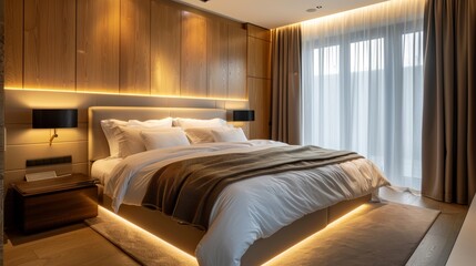 bedroom with a king-sized bed, a nightstand, and a large window