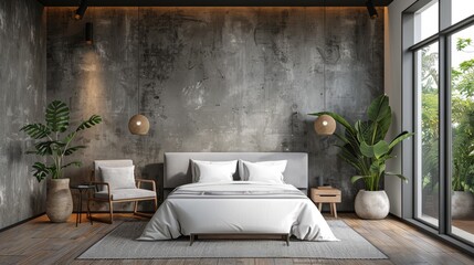 The description for this image is:..A bedroom with a bed, two chairs, a rug, and some plants