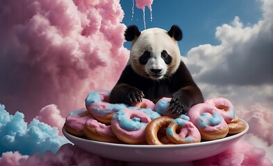 Funny panda sitting on a plate of donuts with clouds in the background