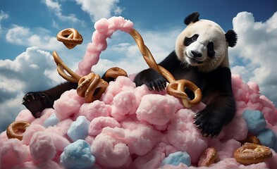 Panda bear with donut and cloud of doughnut on sky background