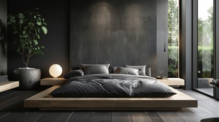 The image is a dark and moody bedroom