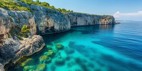 A vivid panorama showcasing the sheer limestone cliffs along a serene turquoise sea under a clear...