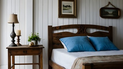  Nestled within the heart of a countryside cottage, a weathered wooden bed with azure pillows invites weary souls to rest