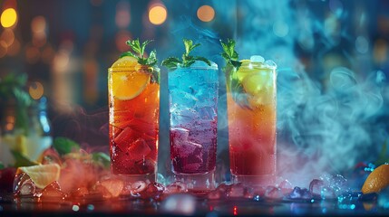 Colored cocktails with smoke and ice, set against a bokeh nightclub background, depicting a lively bar atmosphere.