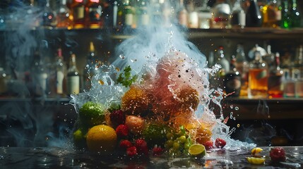 Explosive Fruit Splash in Smoky Bar Environment,Vivid explosion of fruits and water in a bar environment with smoke, capturing a dynamic and artistic presentation of fresh ingredients.

