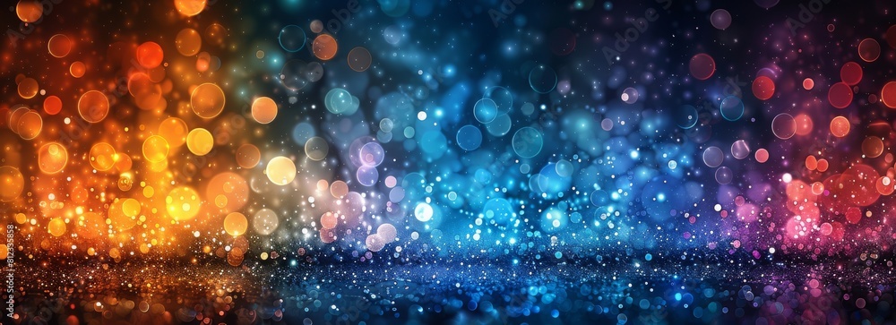 Poster glowing lights particle and bubbles bokeh background, shiny glamour bubble particle isolated in glow