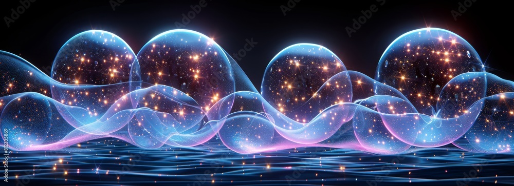 Aufkleber glowing lights particle and bubbles bokeh background, shiny glamour bubble particle isolated in glow
