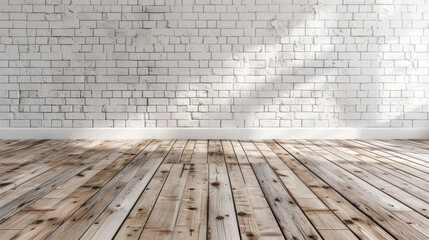The image is a digitally generated photo of an empty room with a brick wall and wooden floor