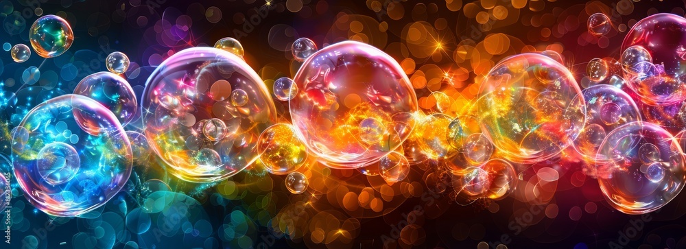Poster glowing lights particle and bubbles bokeh background, shiny glamour bubble particle isolated in glow