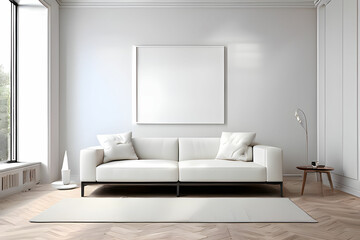 Modern, white minimalist interior. Modern interior design for posters in the living room layout with a white sofa with space to copy.