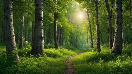 Obraz premium lush green forest with tall trees and bright green grass